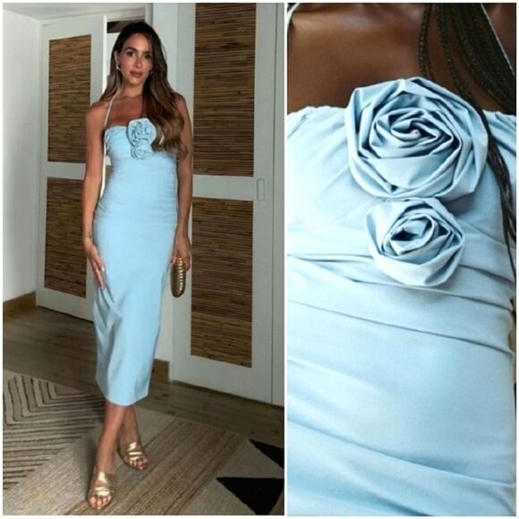 ZARA ZARA RAISED FLOWER STRAPLESS HALTER DRESS BLUE M  NWT - Picture 10 of 11